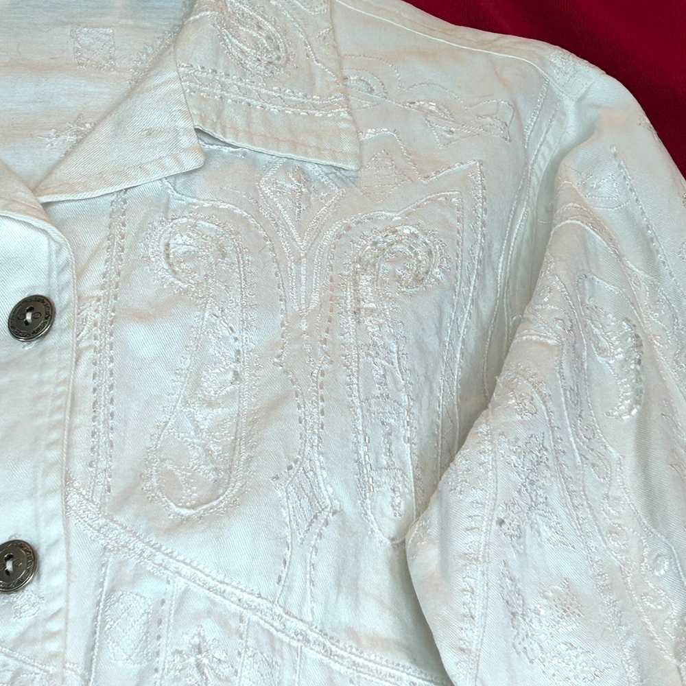Chico's White Jean Jacket with Embossed Paisley Design